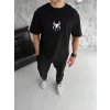 Unisex Bisiklet Yaka Baskılı Oversize T-Shirt - Siyah