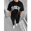 Unisex Bisiklet Yaka Baskılı Oversize T-Shirt - Siyah