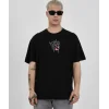 Unisex Bisiklet Yaka Baskılı Oversize T-Shirt - Siyah