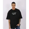 Unisex Bisiklet Yaka Baskılı Oversize T-Shirt - Siyah