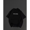 Unisex Bisiklet Yaka Baskılı Oversize T-Shirt - Siyah