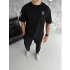 Unisex Bisiklet Yaka Baskılı Oversize T-Shirt - Siyah