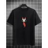 Unisex Bisiklet Yaka Baskılı Oversize T-Shirt - Siyah