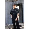 Unisex Bisiklet Yaka Baskılı Oversize T-Shirt - Siyah