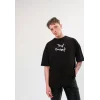 Unisex Bisiklet Yaka Baskılı Oversize T-Shirt - Siyah