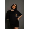 Unisex Bisiklet Yaka Baskılı Oversize T-Shirt - Siyah