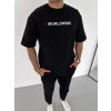 Unisex Bisiklet Yaka Baskılı Oversize T-Shirt - Siyah