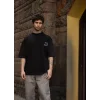 Unisex Bisiklet Yaka Baskılı Oversize T-Shirt - Siyah
