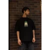 Unisex Bisiklet Yaka Baskılı Oversize T-Shirt - Siyah