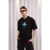 Unisex Bisiklet Yaka Baskılı Oversize T-Shirt - Siyah