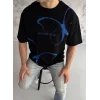 Unisex Bisiklet Yaka Baskılı Oversize T-Shirt - Siyah