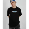 Unisex Bisiklet Yaka Baskılı Oversize T-Shirt - Siyah