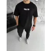 Unisex Bisiklet Yaka Baskılı Oversize T-Shirt - Siyah