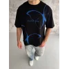 Unisex Bisiklet Yaka Baskılı Oversize T-Shirt - Siyah