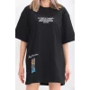 Unisex Bisiklet Yaka Baskılı Oversize T-Shirt - Siyah