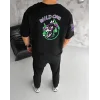 Unisex Bisiklet Yaka Baskılı Oversize T-Shirt - Siyah