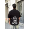 Unisex Bisiklet Yaka Baskılı Oversize T-Shirt - Siyah