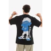 Unisex Bisiklet Yaka Baskılı Oversize T-Shirt - Siyah