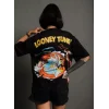 Unisex Bisiklet Yaka Baskılı Oversize T-Shirt - Siyah