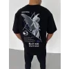 Unisex Bisiklet Yaka Baskılı Oversize T-Shirt - Siyah