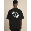 Unisex Bisiklet Yaka Baskılı Oversize T-Shirt - Siyah