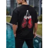Unisex Bisiklet Yaka Baskılı Oversize T-Shirt - Siyah