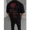 Unisex Bisiklet Yaka Baskılı Oversize T-Shirt - Siyah