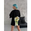 Unisex Bisiklet Yaka Baskılı Oversize T-Shirt - Siyah