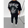 Unisex Bisiklet Yaka Baskılı Oversize T-Shirt - Siyah