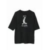 Unisex Bisiklet Yaka Baskılı Oversize T-Shirt - Siyah
