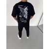 Unisex Bisiklet Yaka Baskılı Oversize T-Shirt - Siyah