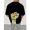 Unisex Bisiklet Yaka Baskılı Oversize T-Shirt - Siyah