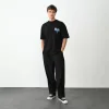 Unisex Bisiklet Yaka Baskılı Oversize T-Shirt - Siyah