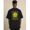 Unisex Bisiklet Yaka Baskılı Oversize T-Shirt - Siyah
