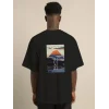 Unisex Bisiklet Yaka Baskılı Oversize T-Shirt - Siyah