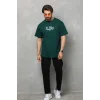 Unisex Bisiklet Yaka Baskılı Oversize T-Shirt - Yeşil
