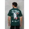 Unisex Bisiklet Yaka Baskılı Oversize T-Shirt - Yeşil