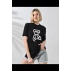 Unisex Bisiklet Yaka Baskılı T-Shirt - Siyah