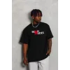Unisex Bisiklet Yaka Double Oversize Baskılı T-Shirt - Siyah