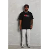 Unisex Bisiklet Yaka Double Oversize Baskılı T-Shirt - Siyah