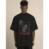 Unisex Bisiklet Yaka Oversize Baskılı T-Shirt - Siyah