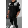Unisex Flok Kabartma Baskılı T-Shirt - Siyah