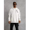 Unisex Kapşonlu Uzun Kol Baskılı Sweetshirt - Beyaz
