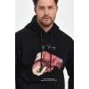 Unisex Kapüşonlu Üç İplik Oversize Baskılı Sweatshirt - Siyah
