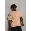Unisex Oversize Düz Bisiklet Yaka T-Shirt - Bej
