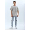 Unisex Oversize Taşlı Bisiklet Yaka T-Shirt - Gri