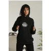 Unisex Sırt Baskılı Kapüşonlu Üç İplik Oversize Sweatshirt - Siyah
