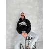 Unisex Üç İplik Kapşonlu Baskılı SweatShirt - Siyah