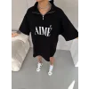 Unisex Yarım Fermuarlı Baskılı T-Shirt - Siyah