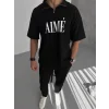 Unisex Yarım Fermuarlı Baskılı T-Shirt - Siyah